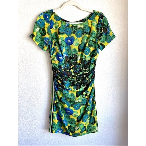 LAST CHANCE Tracy Reese Silk Bodycon Dress in Hot Sunshine Rose Racing Stripes 4 - Picture 3 of 12